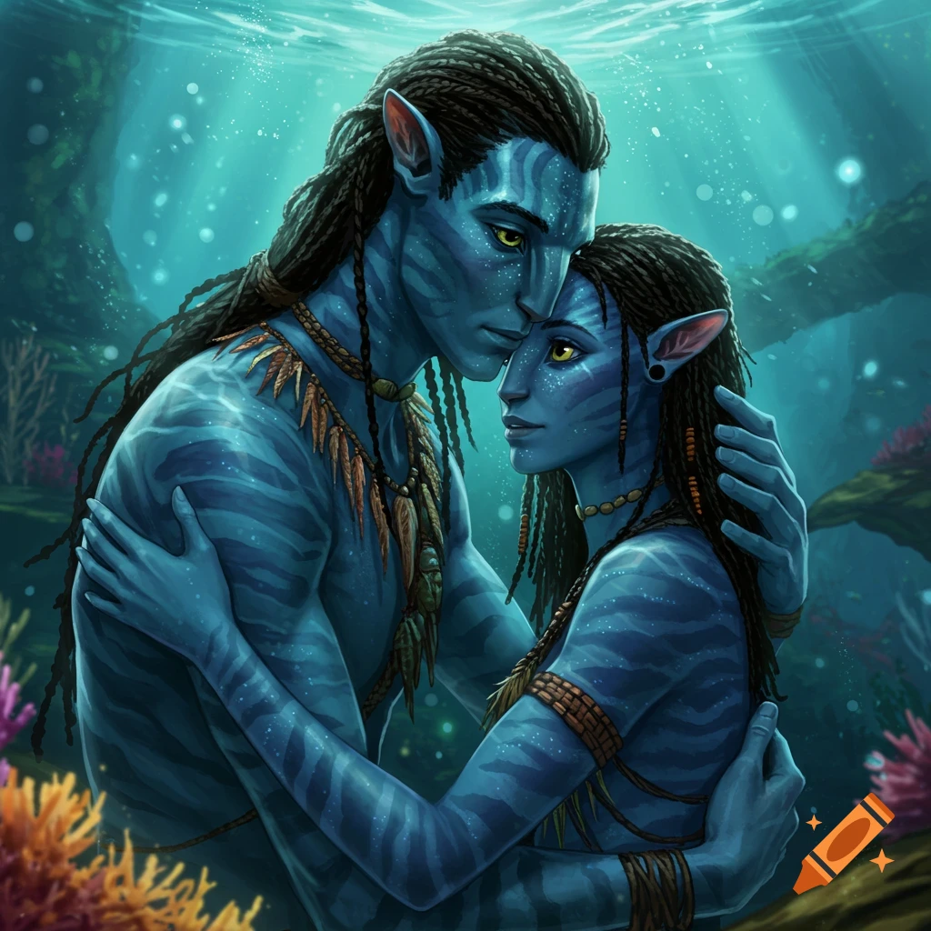 Two blue-skinned Na'vi characters embracing underwater.