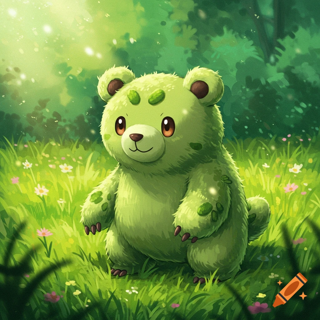A cute green bear creature sits in a grassy field.