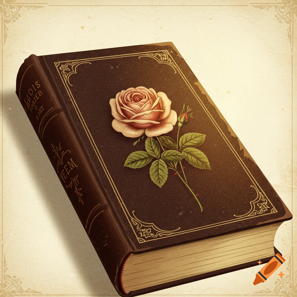 An antique book cover with a rose on the front and illegible text on the spine.