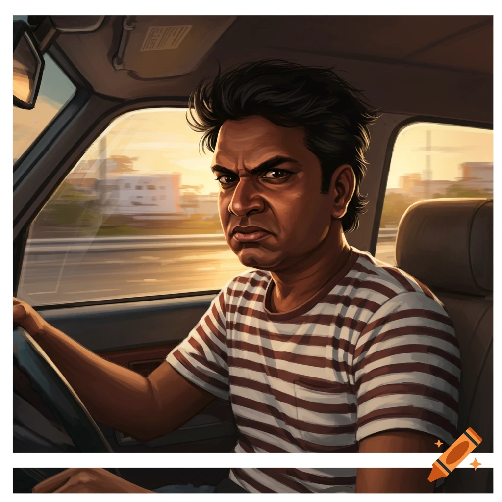 An angry man driving a car