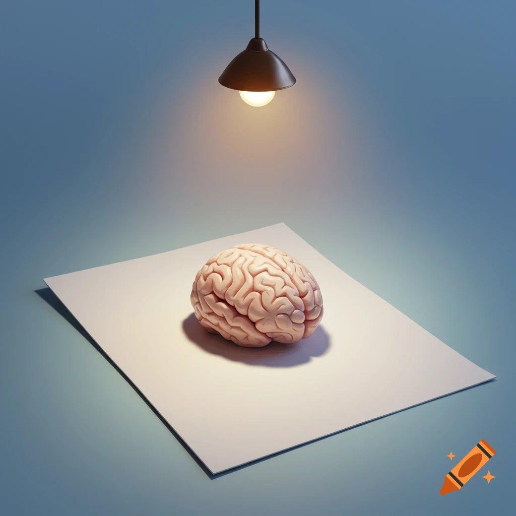 A realistic human brain rests on a white paper sheet under a hanging light.