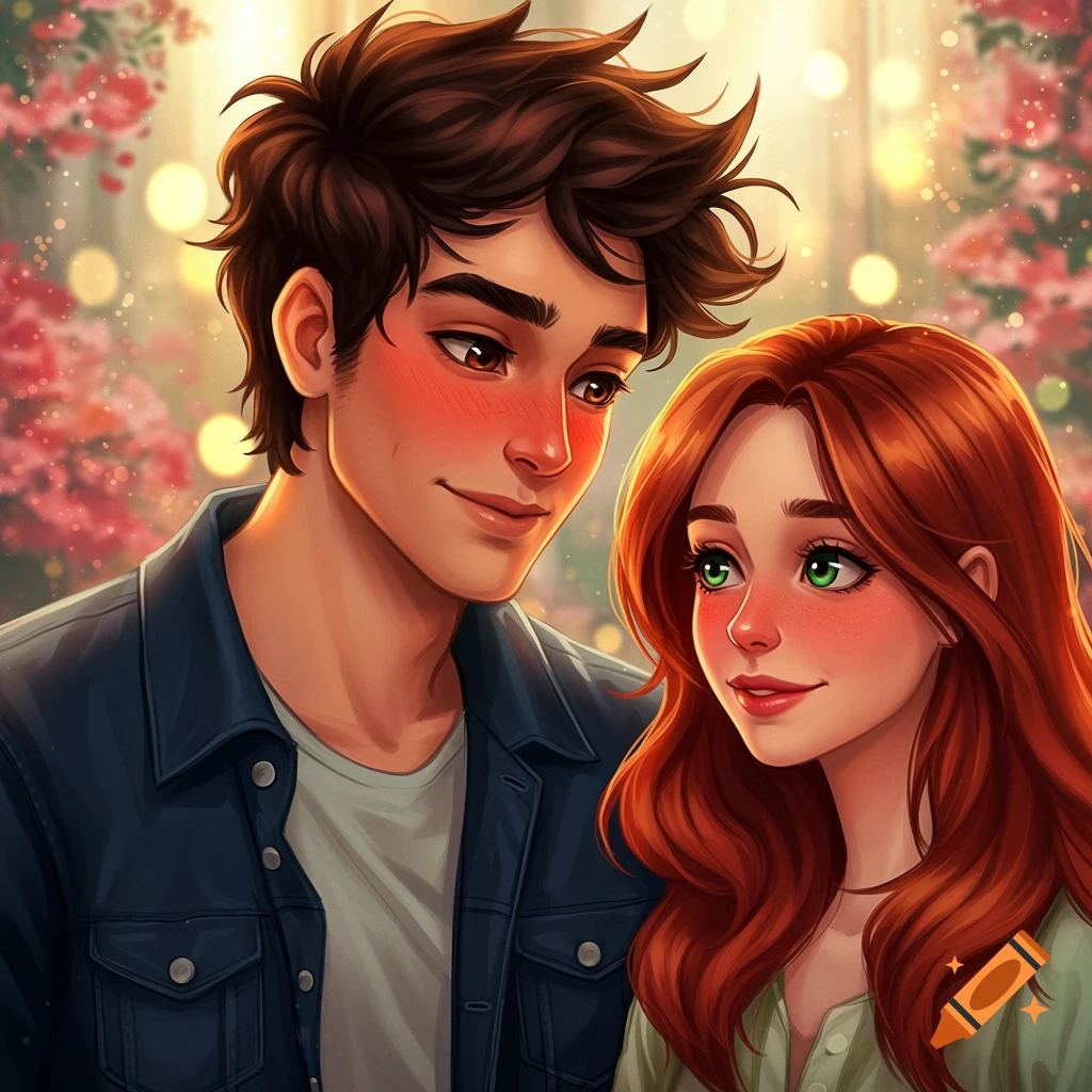 A young man with dark hair and woman with auburn hair gaze at each other amidst flowers and lights.