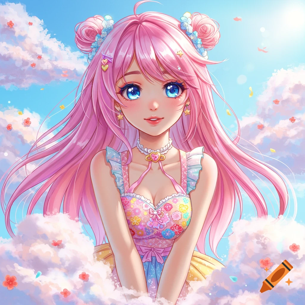 Anime girl with pink hair and blue eyes in a floral dress surrounded by clouds.