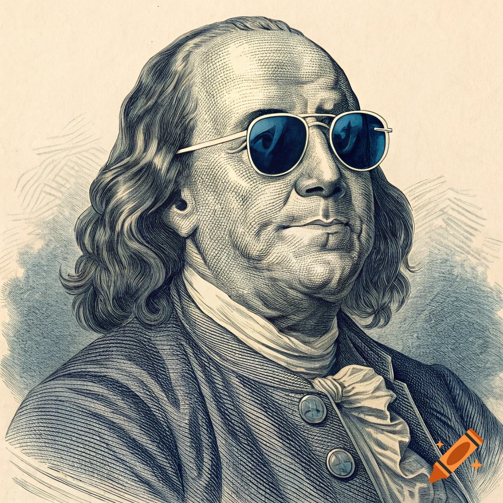 Portrait of Benjamin Franklin wearing sunglasses in an engraving style.