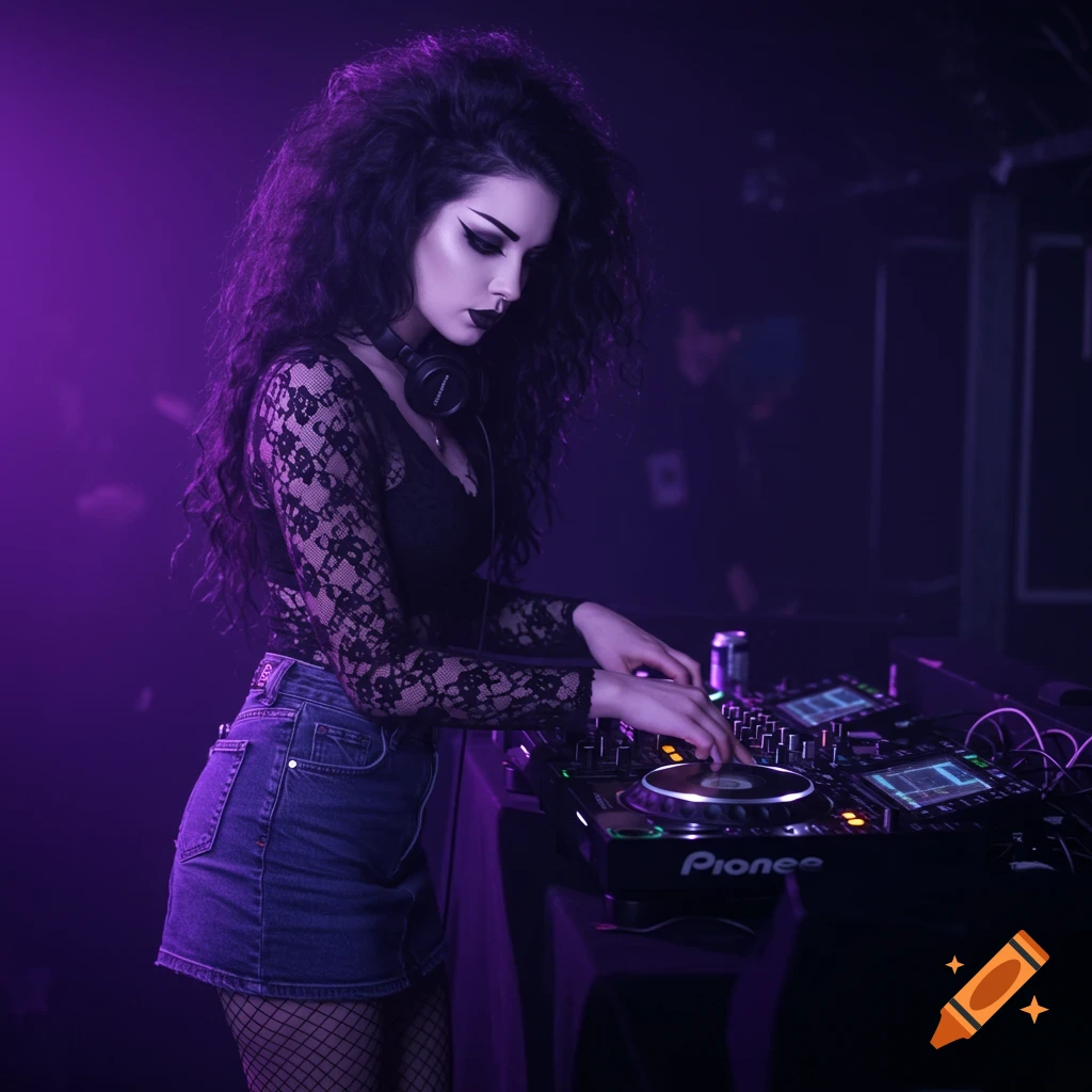 A goth woman DJing in a dimly lit club.