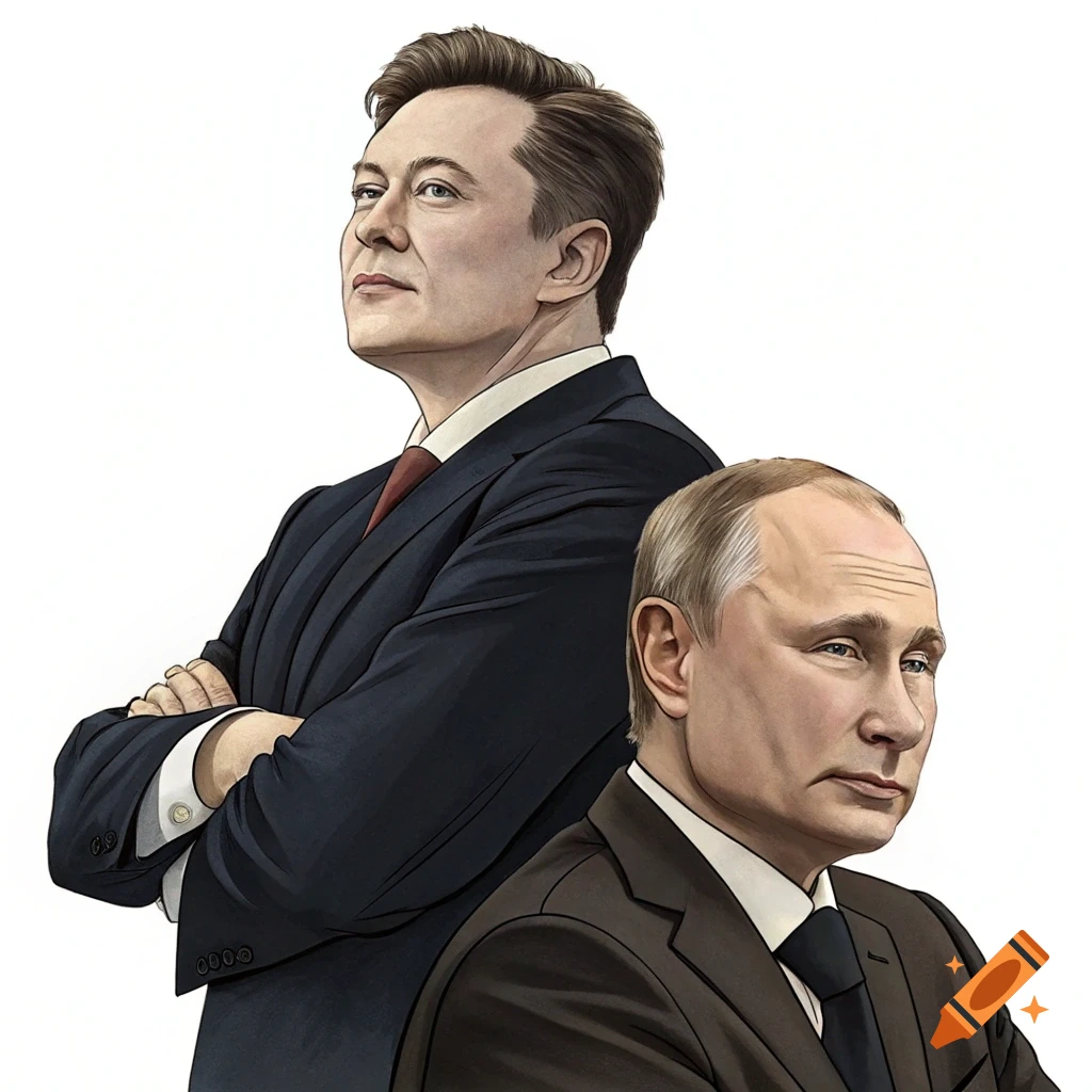 Stylized illustration of Elon Musk standing behind Vladimir Putin, both in suits.