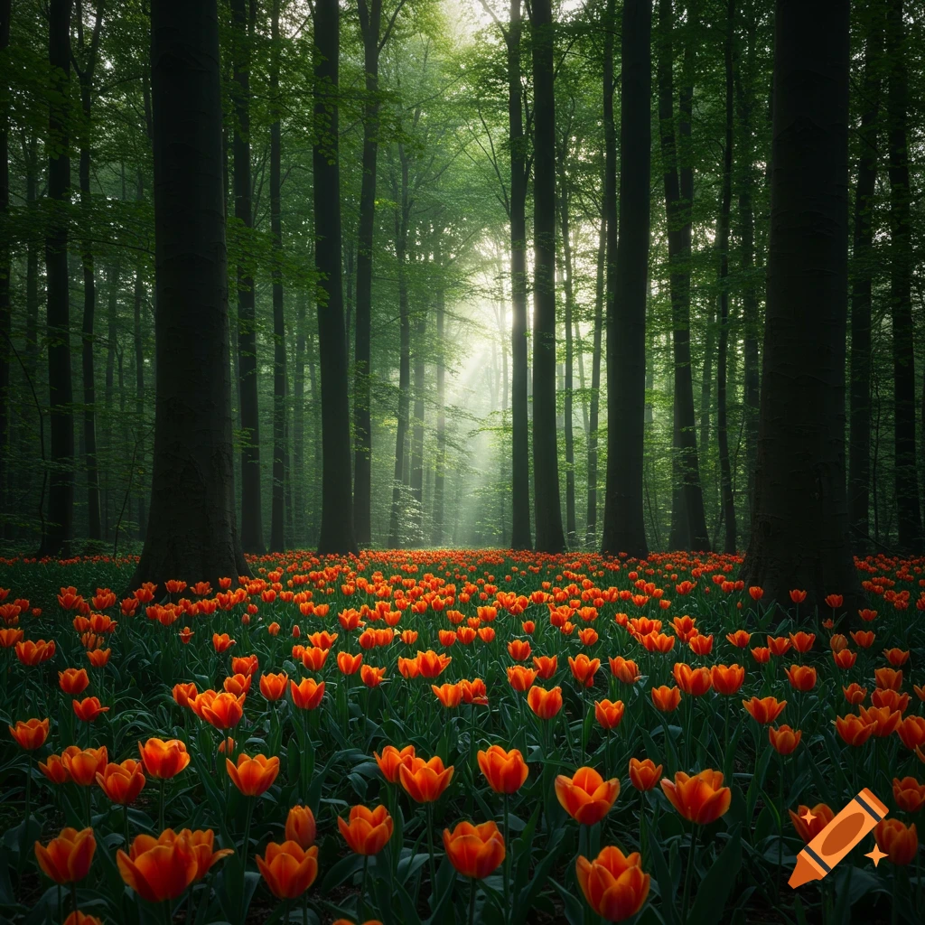 A forest floor covered in bright orange tulips with sunlight streaming through the trees