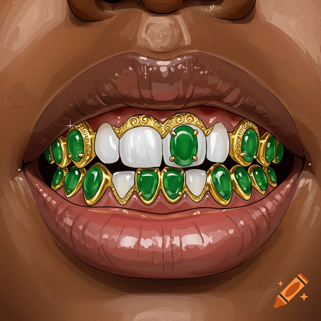 Close-up illustration of lips and teeth with gold grills featuring green jade gems.