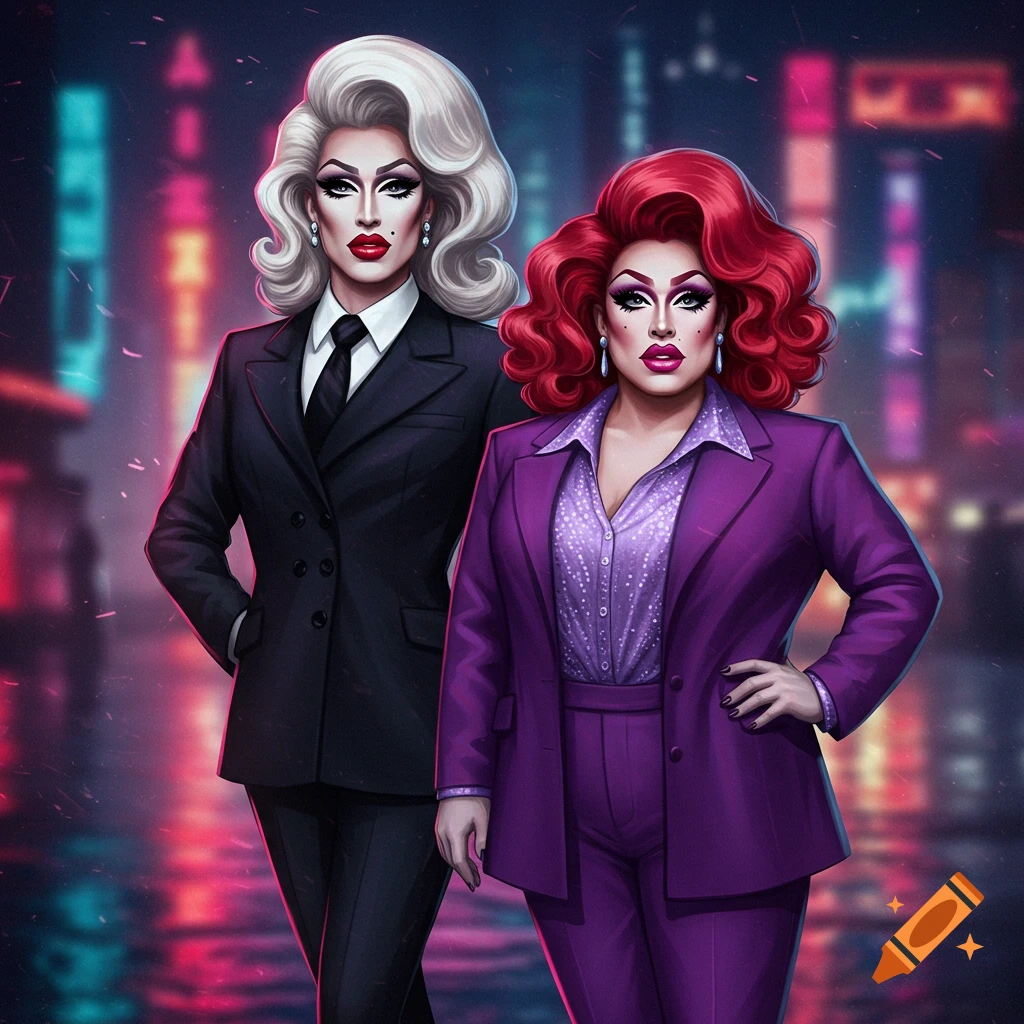 Two drag queens in suits stand in a neon-lit city street at night.