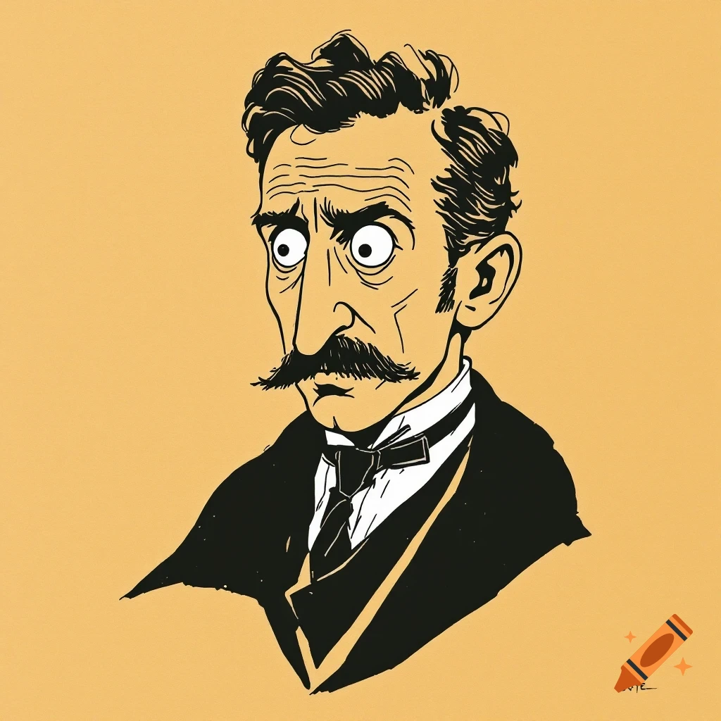 Black and white illustration portrait of a man with a mustache in a suit on an orange background.