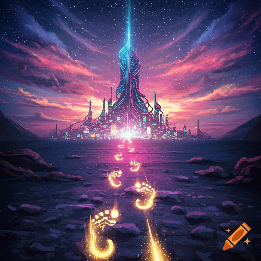 Glowing footsteps lead across a rocky shore toward a futuristic, neon-lit city skyline under a starry pink and purple sky.
