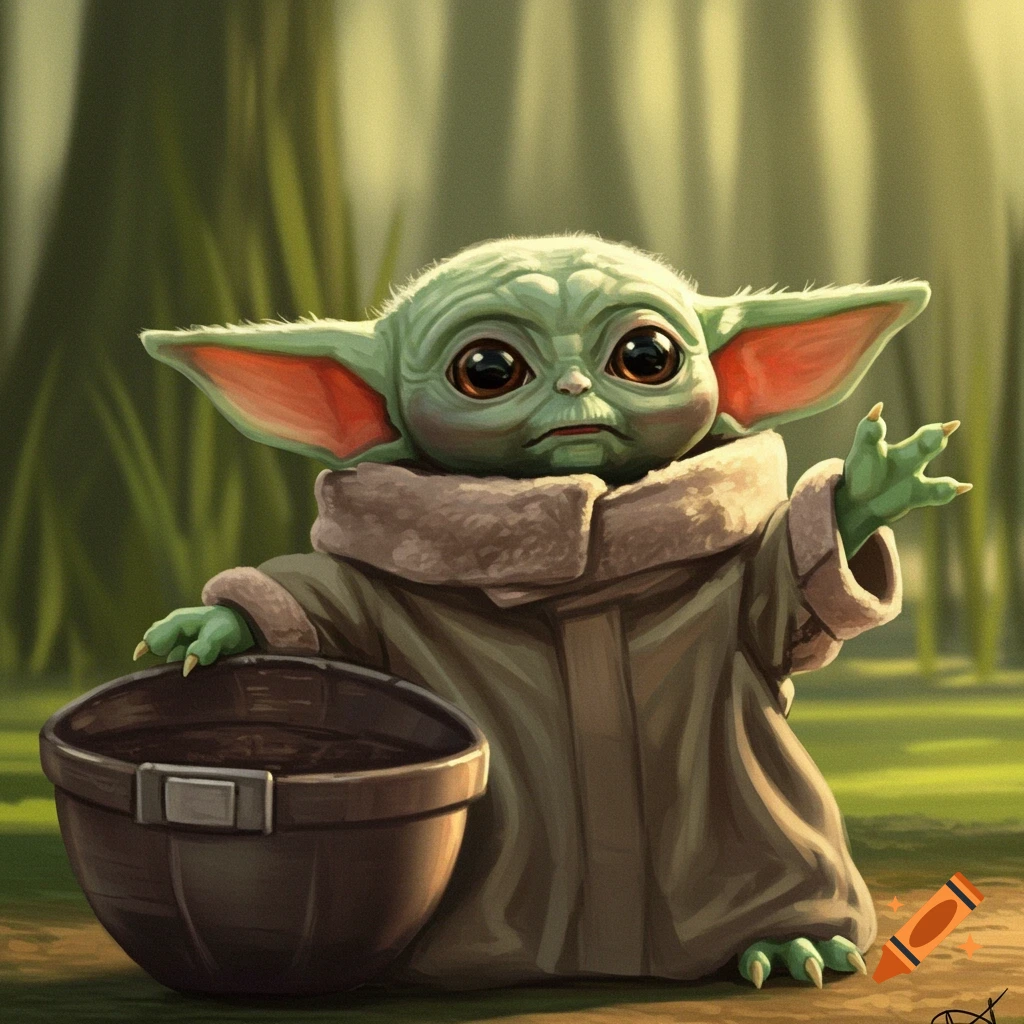 A small creature with big eyes, wearing a brown robe, is holding a bucket and waving in a forest.