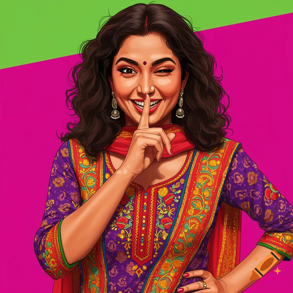 South Asian woman in colorful salwar kameez, shushing the viewer in a pop art style.