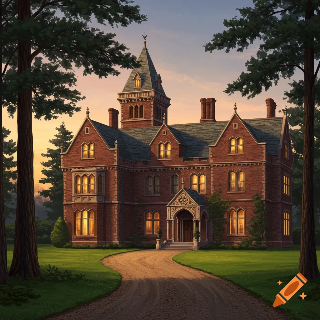 A large red brick mansion or manor house with a tower, surrounded by trees and a grassy lawn with a path leading to the entrance, under an evening sky.
