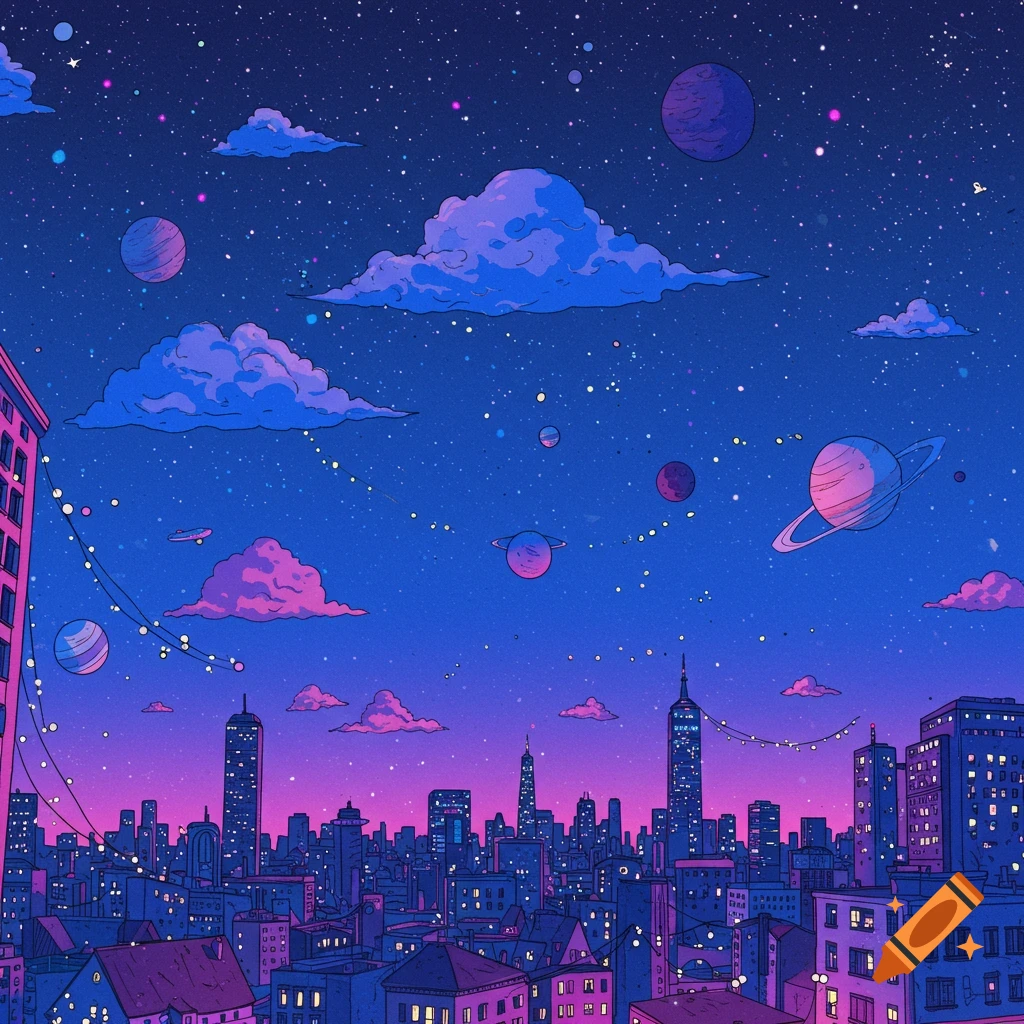 Stylized night cityscape with planets, stars, and pink and blue clouds.