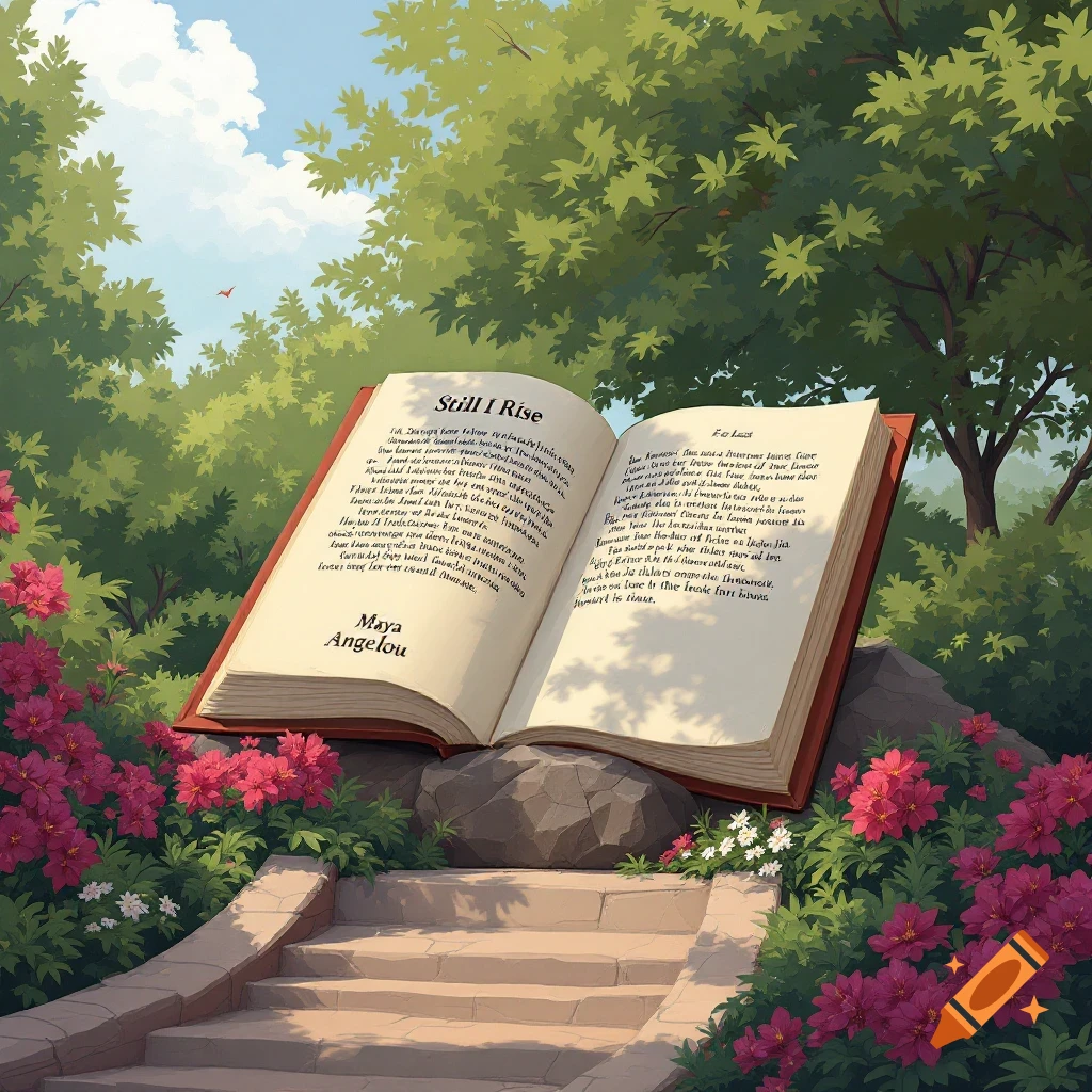 An open book titled 'Still I Rise' by Maya Angelou, resting on a rock in a garden with pink flowers, steps, and trees.
