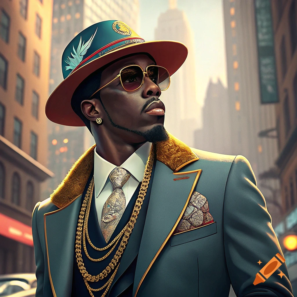 Stylish man in suit, hat, and gold chains in a city street