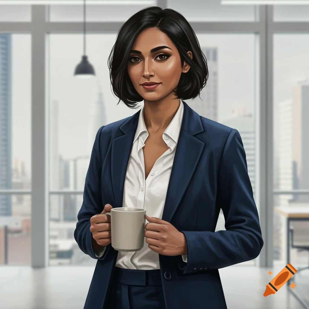 A South Asian business woman in a blue suit holding a coffee mug in an office with a cityscape view.