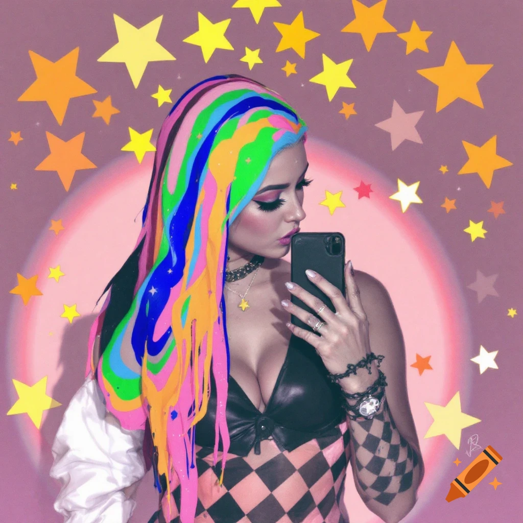Woman with brightly colored hair takes a selfie. She wears a black top, surrounded by stars and a pink spotlight.