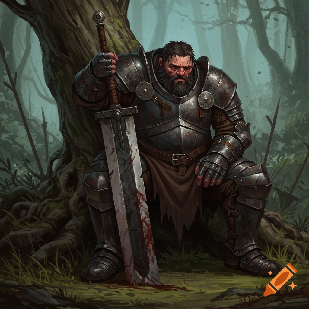 A tired warrior in armor sits against a tree with a bloodied sword in a forest.