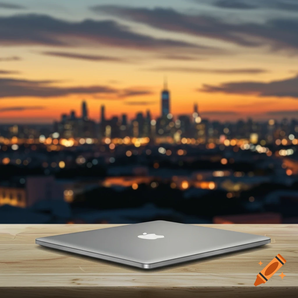 A silver laptop on a wooden table with a blurred city skyline and sunset in the background.