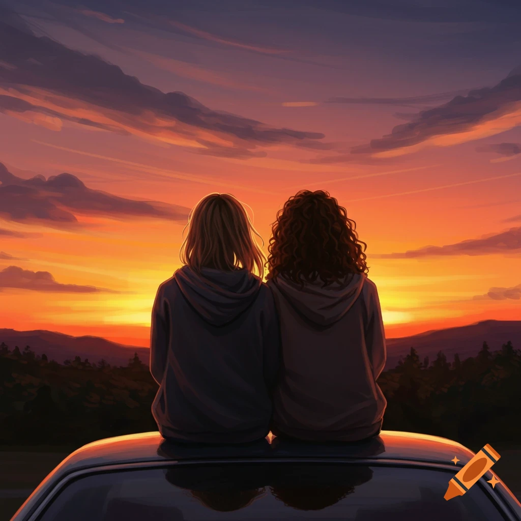 Two friends are sitting on the roof of a car, watching the sunset over the mountains.