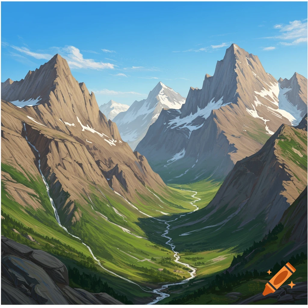 A mountain valley with a winding river and snow-capped peaks.
