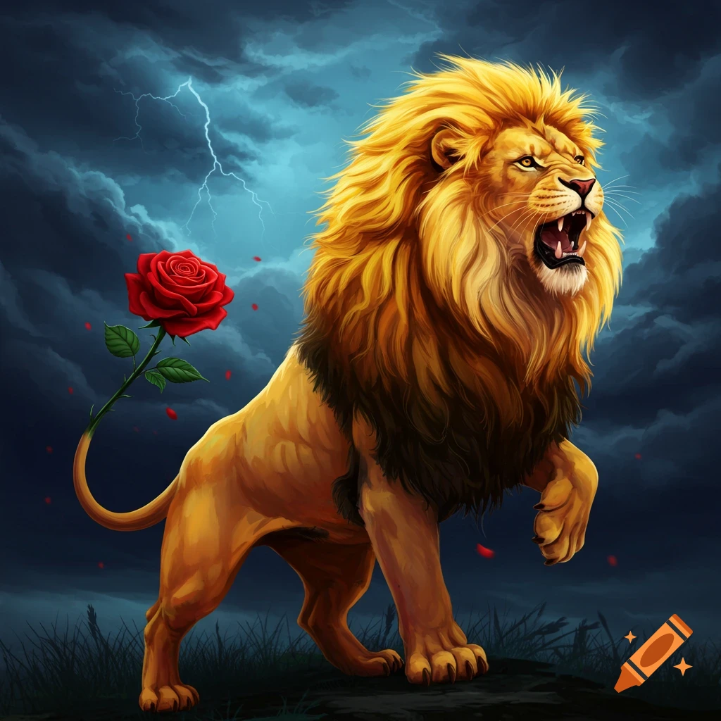 A rampant lion with a rose instead of a tail tip, under a stormy sky.