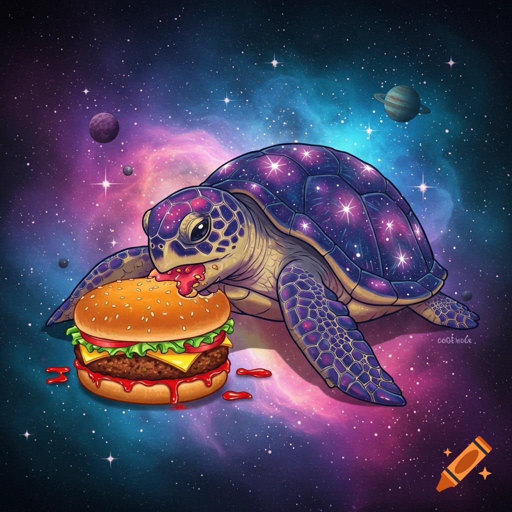 A cosmic turtle eating a hamburger in outer space.