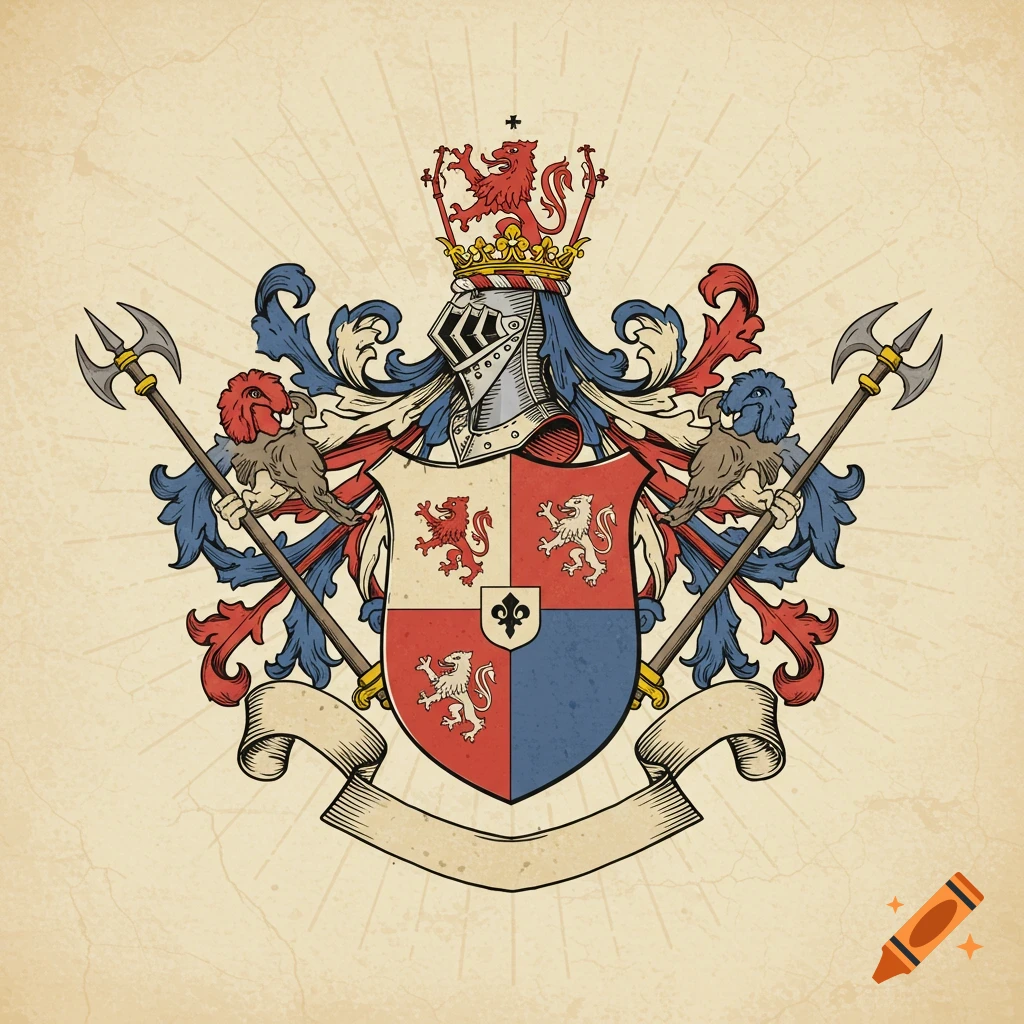 Traditional heraldic coat of arms on weathered parchment