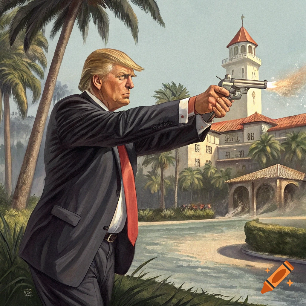 Artwork of Donald Trump firing a pistol in front of a building resembling Mar-a-Lago, in the style of GTAV.