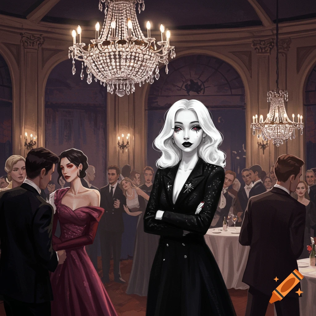 A woman with dark makeup and white hair in a black outfit is at a crowded masquerade ball.