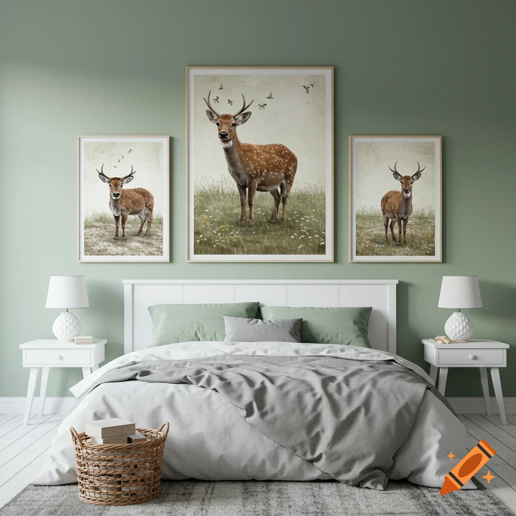 Three framed pictures of spotted deer on a sage green bedroom wall above a bed.