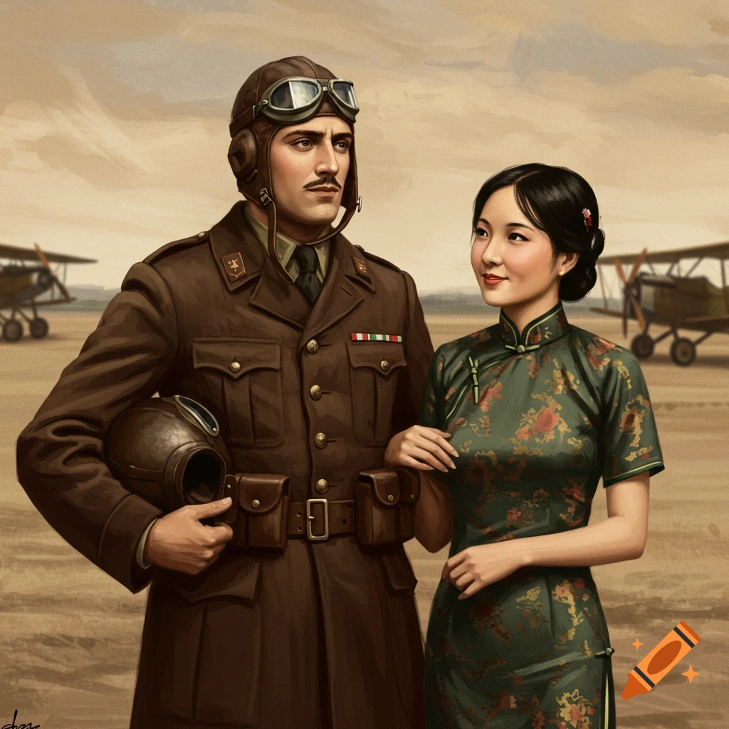 A World War I Italian pilot and a Chinese woman stand on an airfield with biplanes.