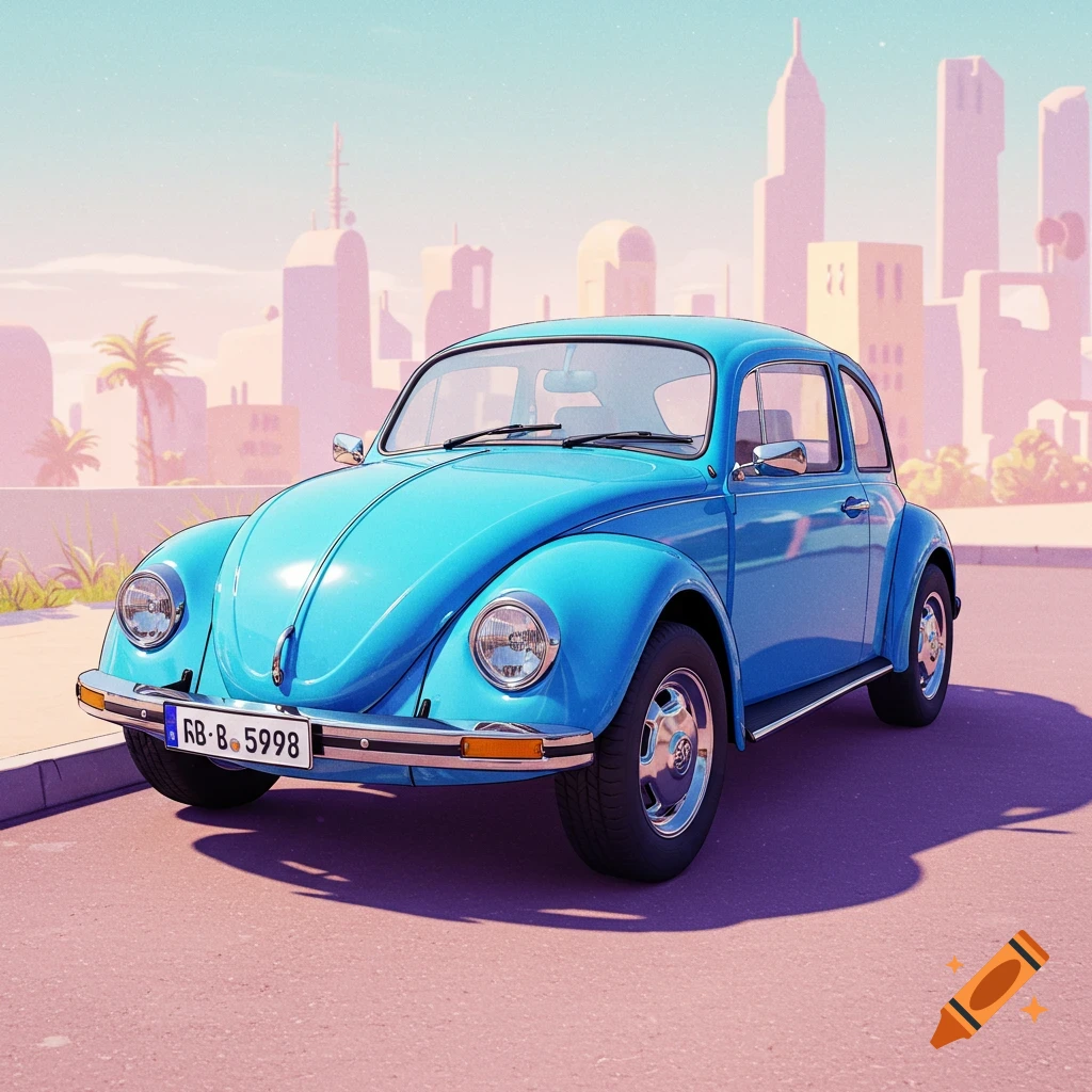 A blue Volkswagen Beetle on a street with a stylized pink and blue city background.