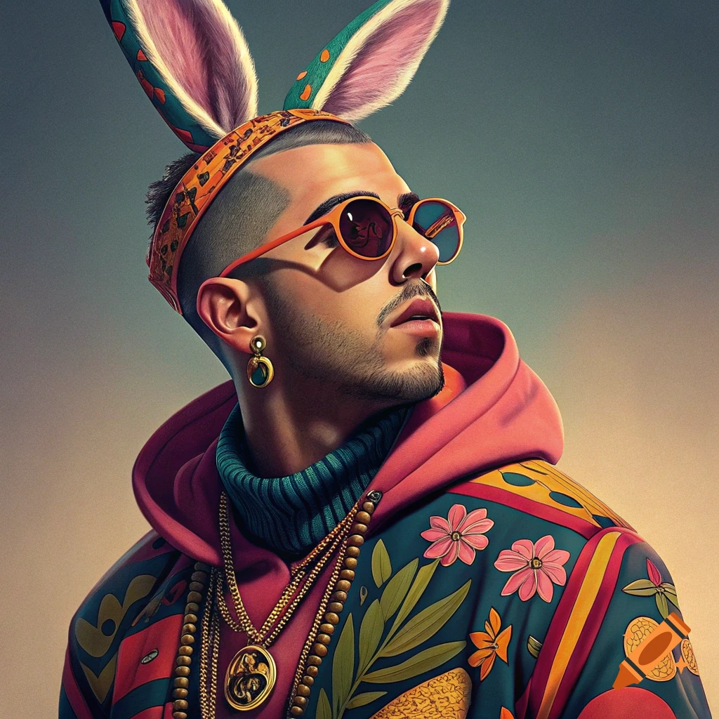 A man with bunny ears, sunglasses, colorful patterned outfit, and gold chains.