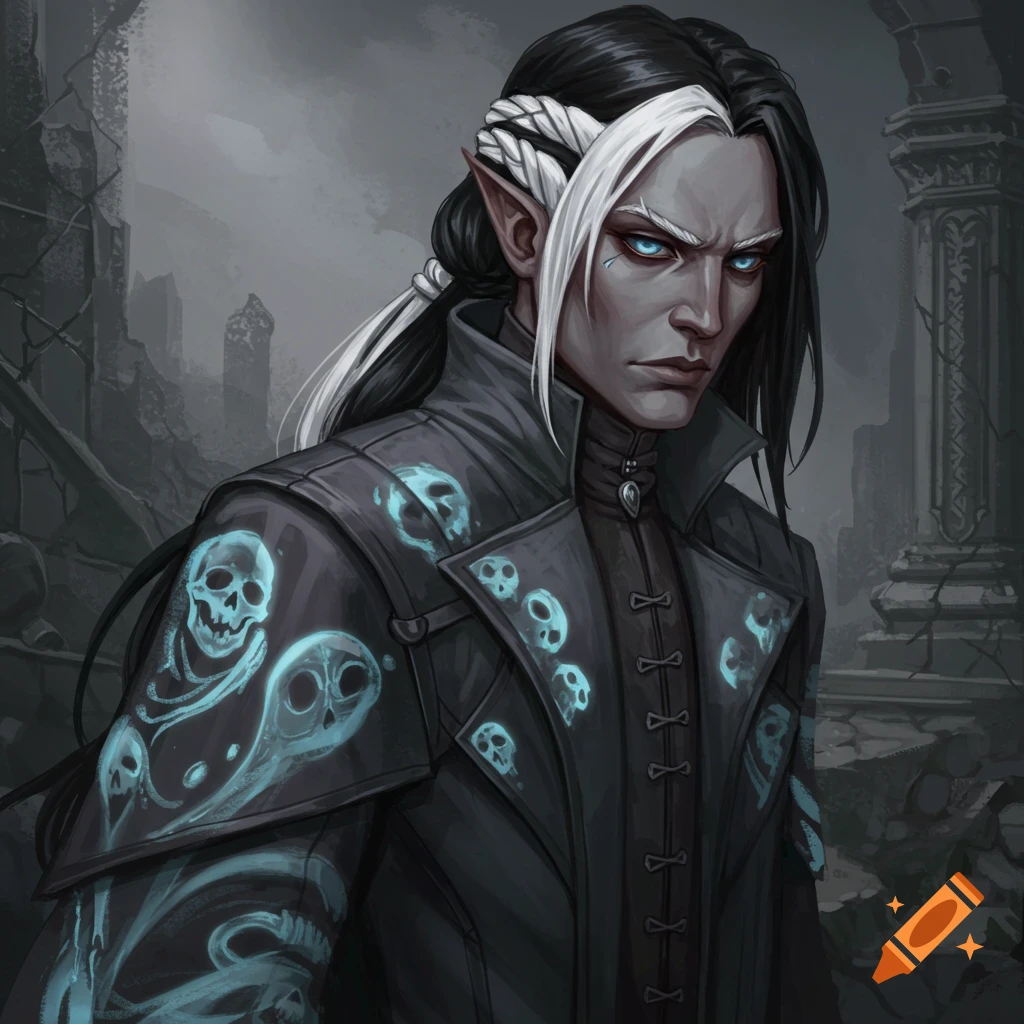 A dark fantasy character with pointed ears, long black and white hair, wearing a coat with glowing skull motifs in a ruined setting.