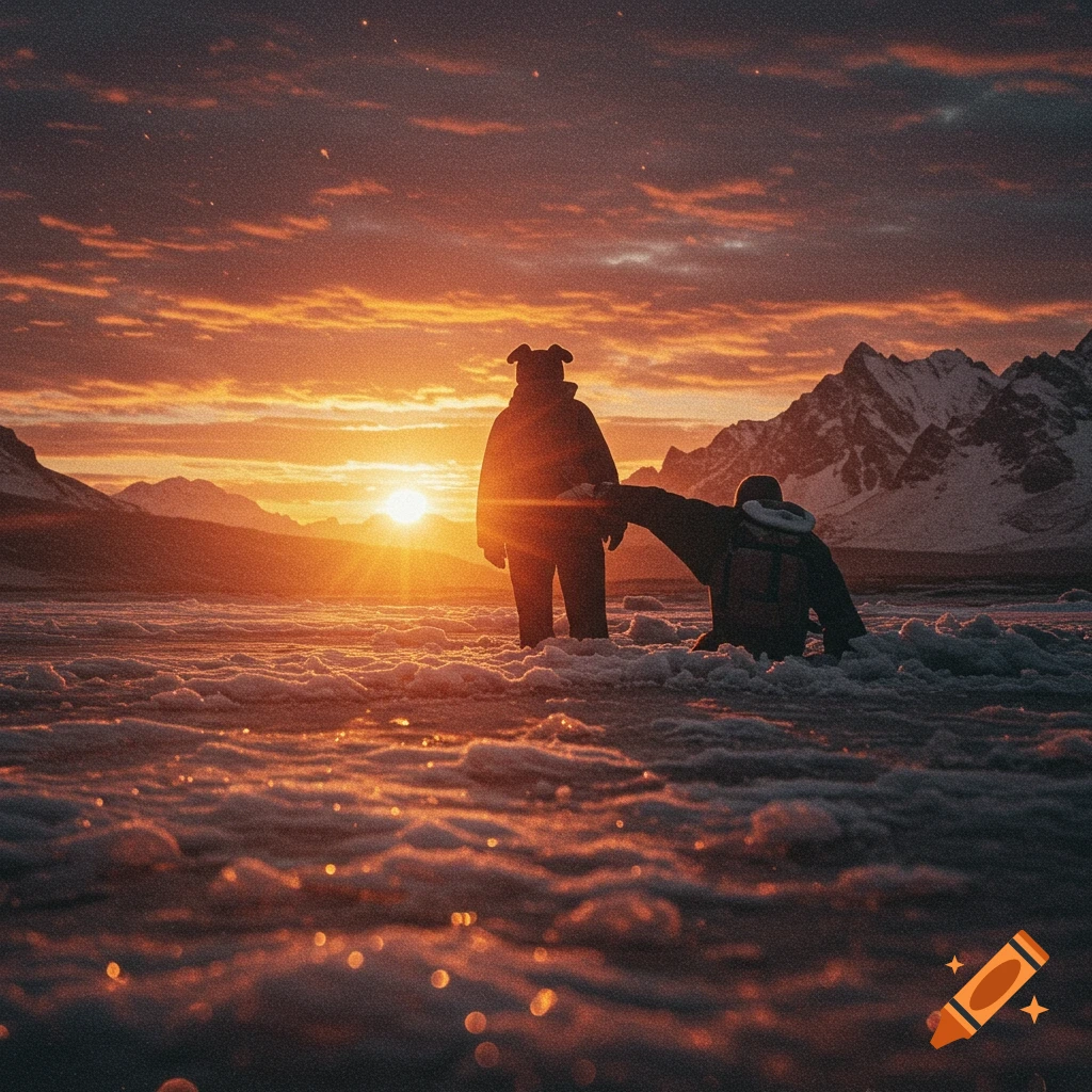 Two figures in a snowy mountain landscape at sunset, one with animal ears reaching out.