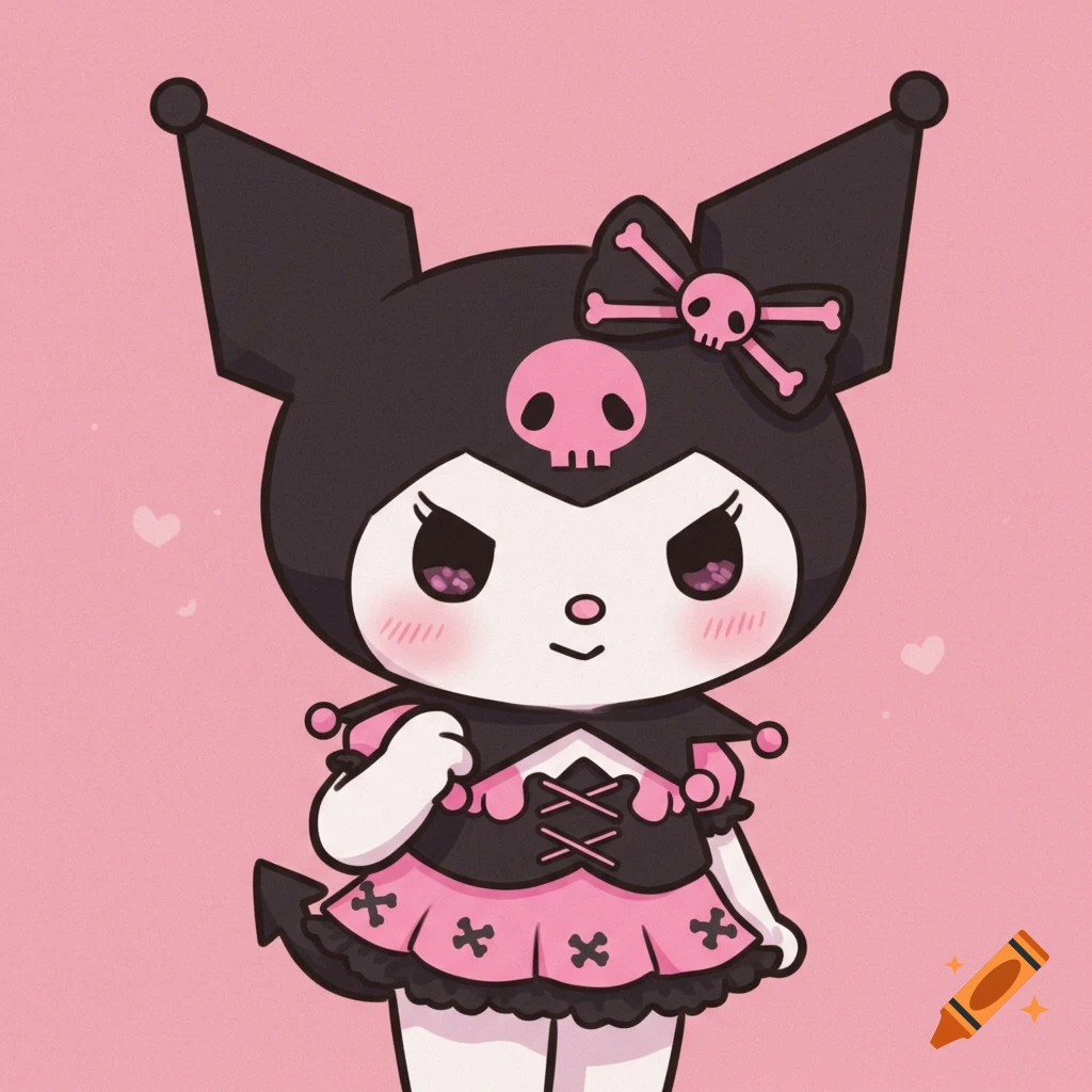 Illustration of the Sanrio character Kuromi on a pink background.