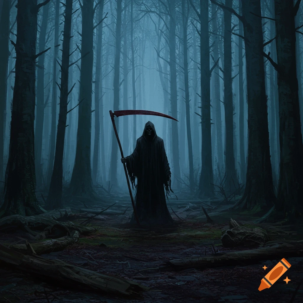 The Grim Reaper stands with a scythe in a dark, misty forest.