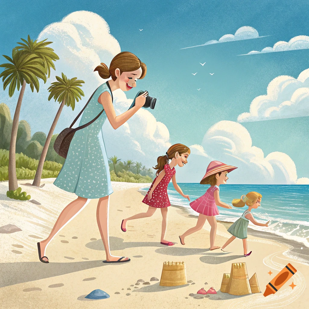 Illustration of a mom taking photos of her three daughters playing on a sunny beach.