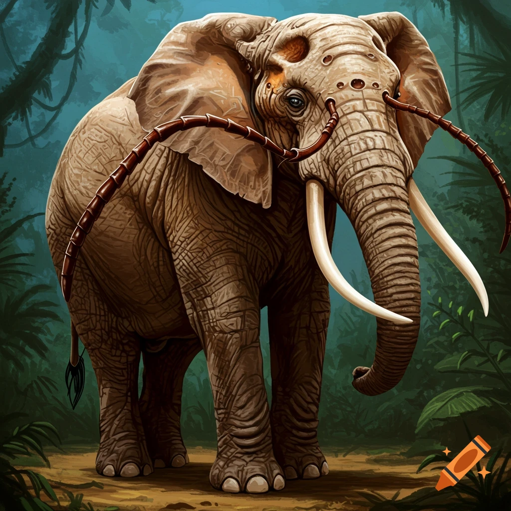 A bizarre elephant creature with insect-like eyes and antennae stands in a jungle.
