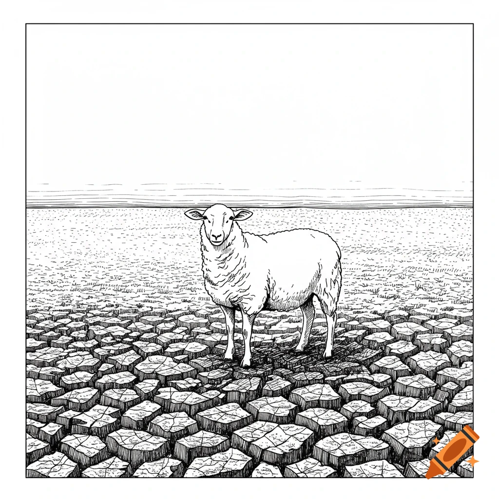A sheep standing in a field of cracked earth, rendered as a black and white line drawing.