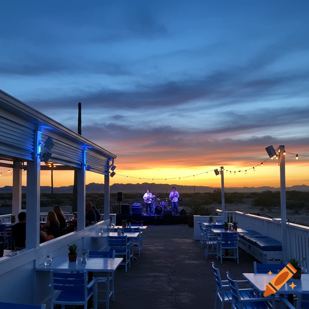 An outdoor patio with tables, chairs, and people watching a band play during a colorful sunset over a desert landscape.