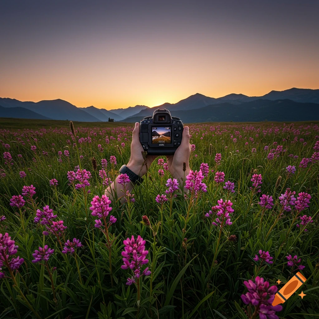 Hands hold a camera framing a sunset over a field of purple flowers and mountains.