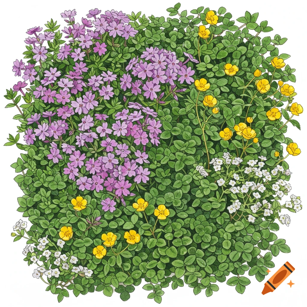 Illustration of creeping plants with purple, yellow, and white flowers.