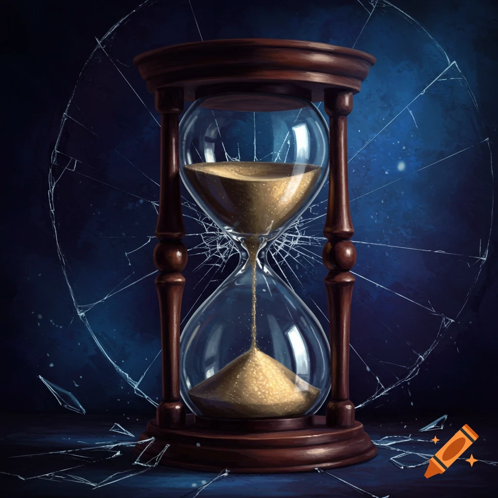 An hourglass with sand flowing, set against a dark background with broken glass shards around it.