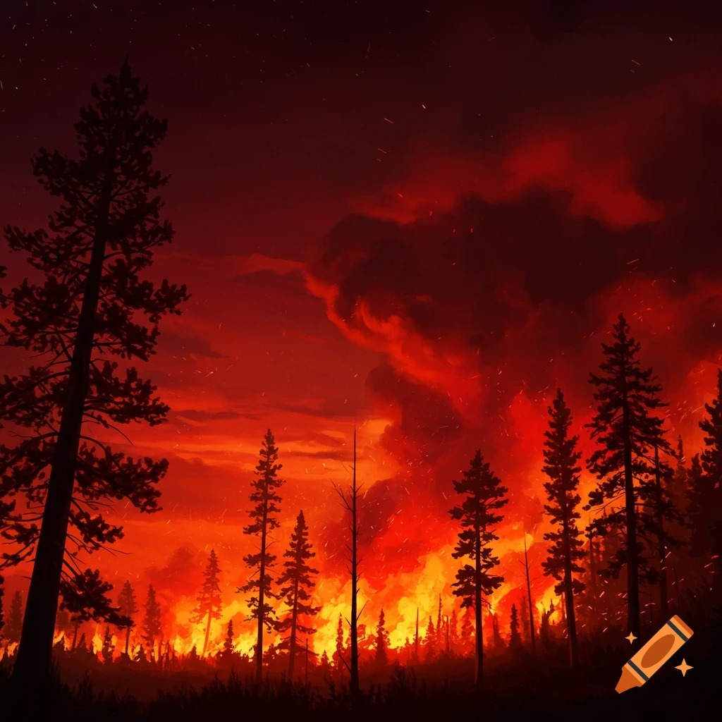 A forest fire at night.