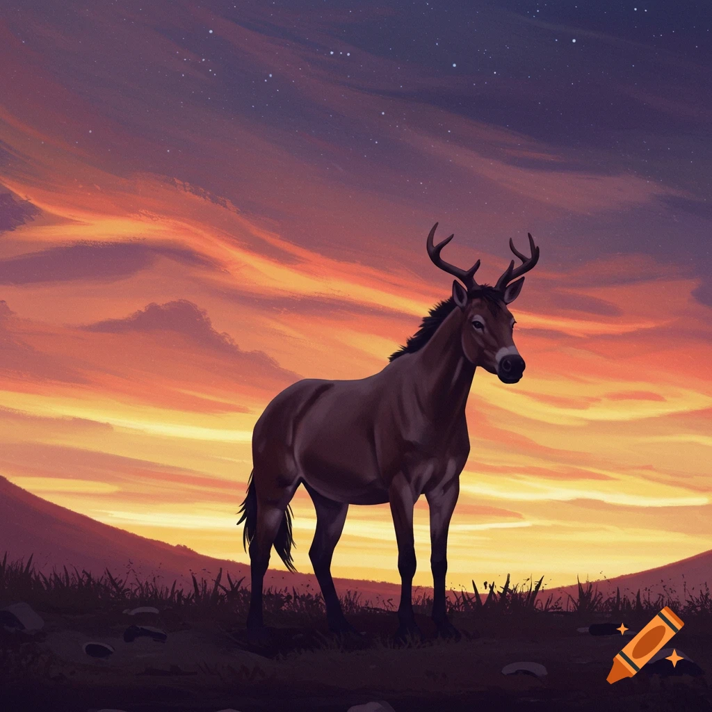 A brown deer-like animal stands on a grassy hill at sunset.