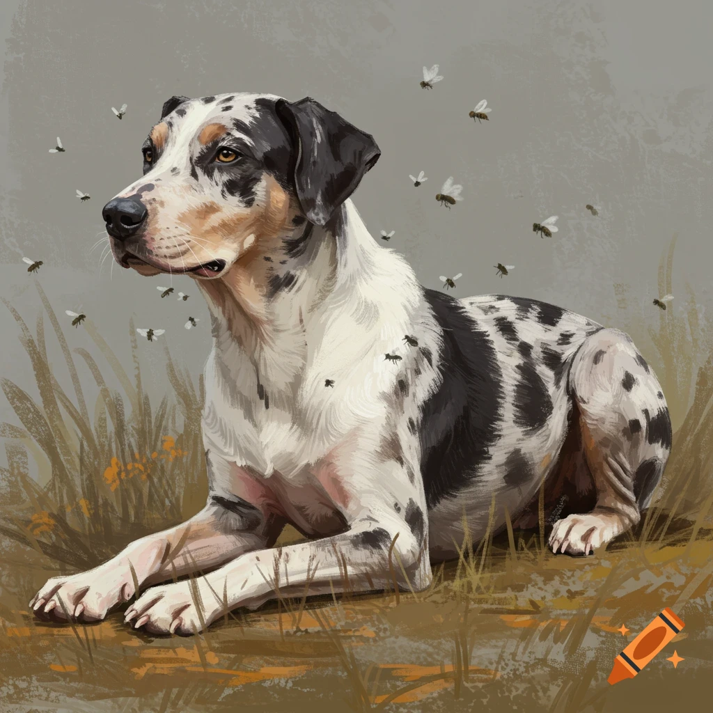 A Catahoula dog lying in grass, surrounded by flies.
